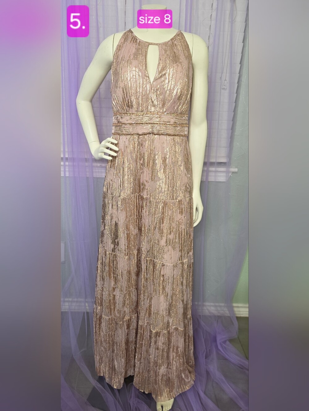 R&M Richards Blush Pink and Metallic Gold Maxi Evening Gown